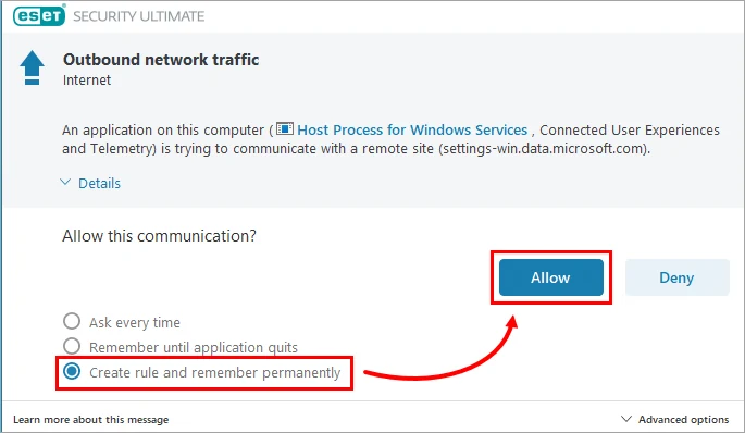 انتخاب Create rule and remember permanently برای اجازه دادن دائمی به برنامه در ESET
