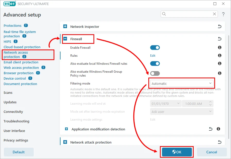 برگرداندن Filtering mode فایروال ESET به حالت Automatic پس از ساخت Rule
