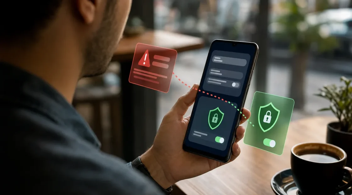 تصویر مفهومی از اتصال امن وب در لپ‌تاپ و موبایل