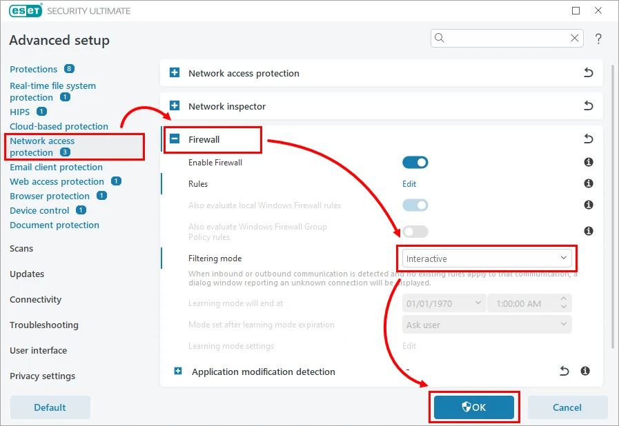 فعال کردن Interactive Mode در فایروال ESET برای ساخت قانون اتصال برنامه