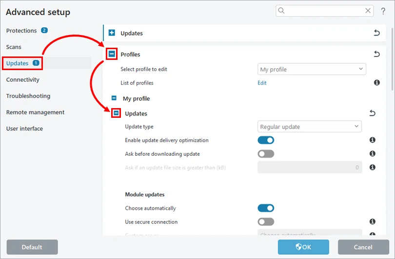 باز کردن Profiles و Updates برای رفع خطای Module update failed در ESET