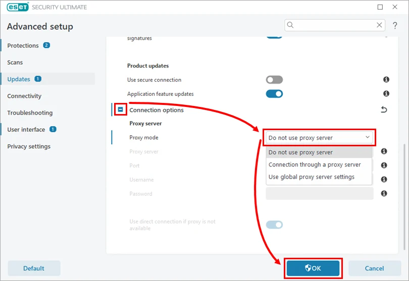 انتخاب Do not use proxy server برای رفع مشکل آپدیت نشدن نود 32