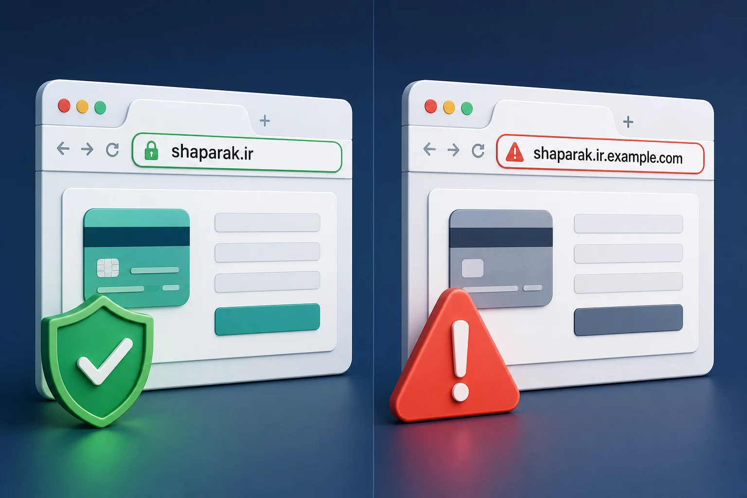 مقایسه آدرس واقعی shaparak.ir با آدرس جعلی فیشینگ درگاه بانکی