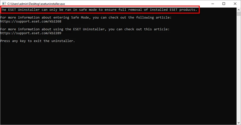 پیام اجرای ESET Uninstaller در Safe Mode برای حذف نود 32