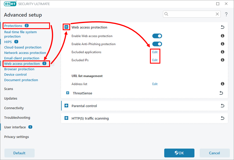 مسیر Excluded applications و Excluded IPs در ESET
