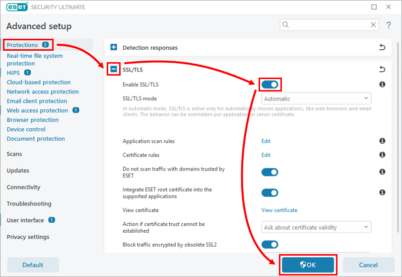 خاموش و روشن کردن Enable SSL TLS در ESET