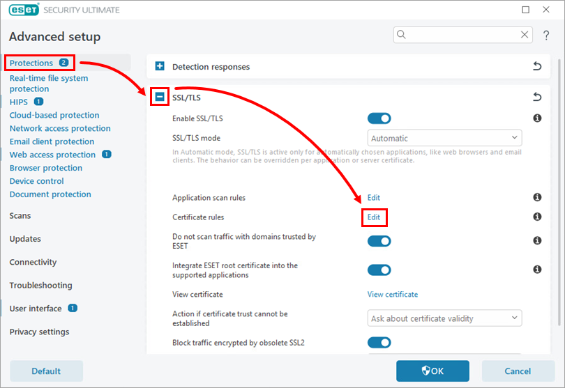 ورود به Certificate rules در تنظیمات SSL TLS ایست