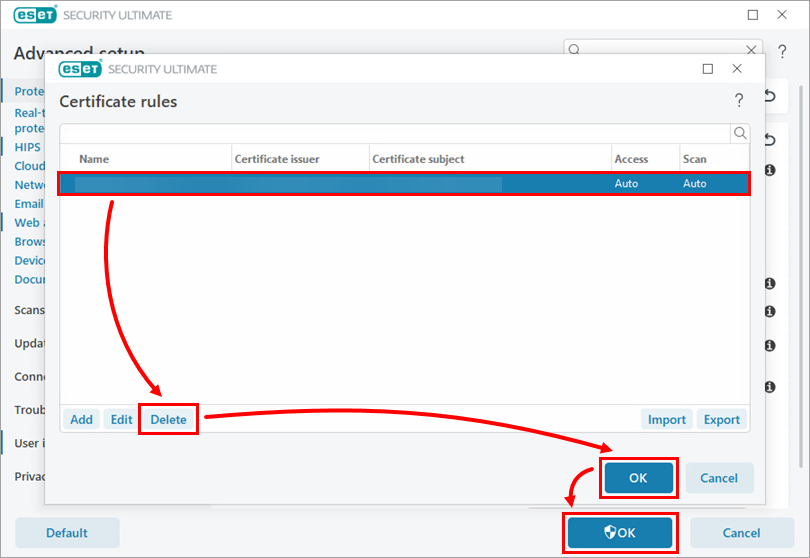 حذف گواهی از Certificate rules در ESET