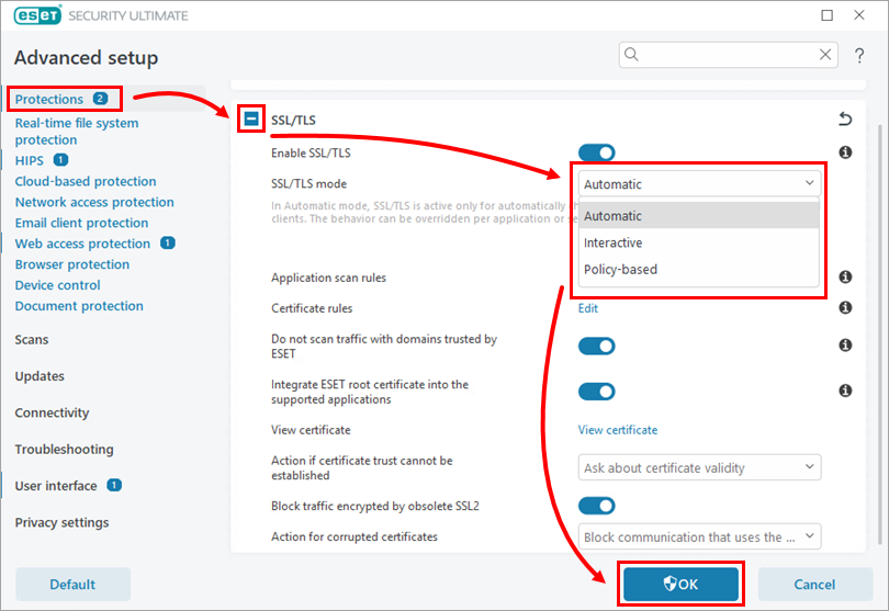 تغییر Automatic Interactive و Policy based در SSL TLS mode ایست