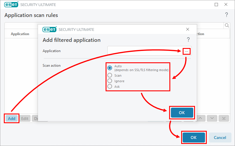 افزودن برنامه و انتخاب Scan action در ESET