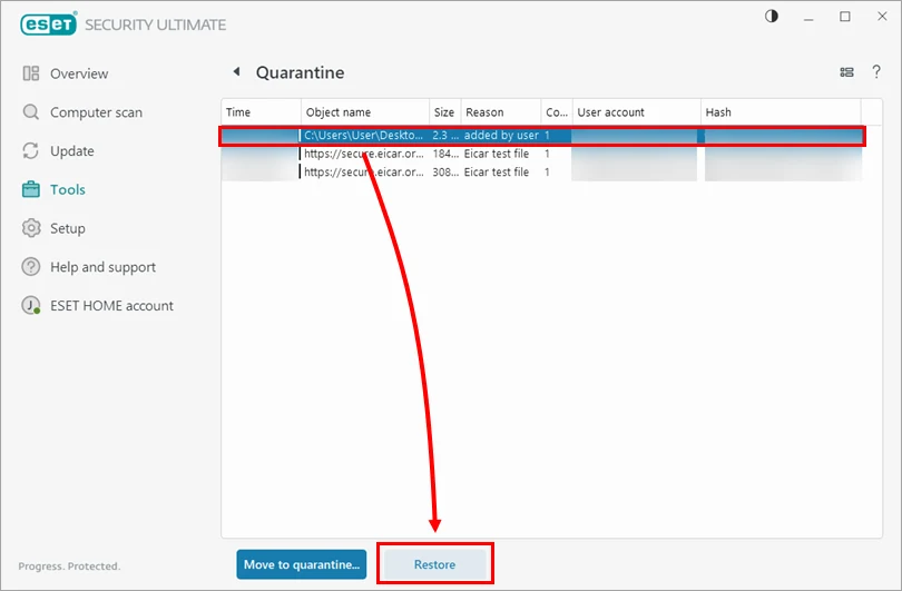 انتخاب فایل و دکمه Restore برای خارج کردن فایل از قرنطینه نود 32