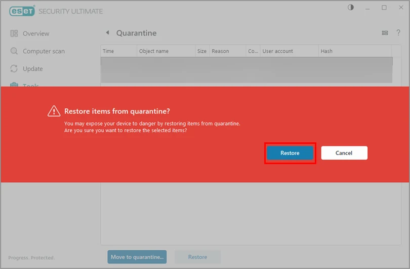 پیام هشدار Restore items from quarantine و تأیید بازیابی فایل در ESET