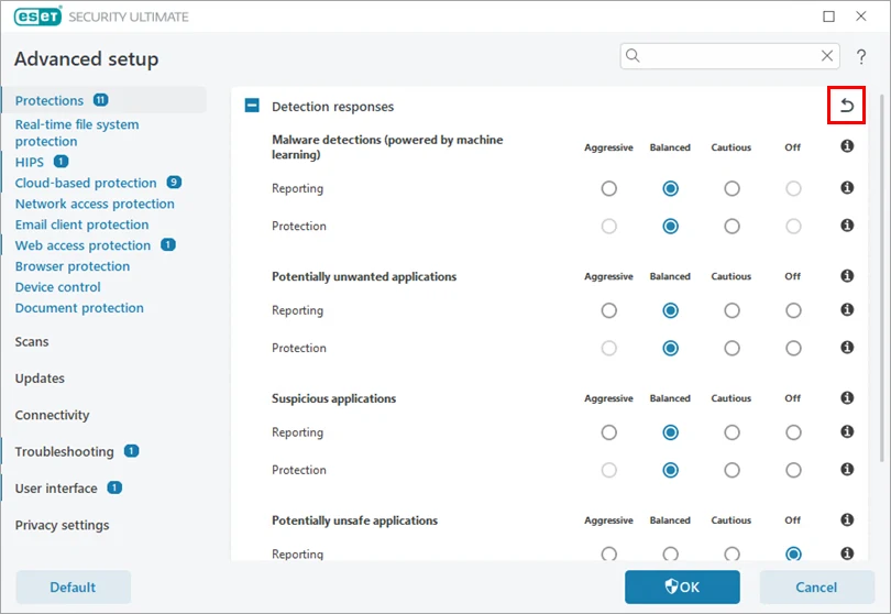 محل آیکن Revert و گزینه Default در Advanced setup نرم افزار ESET