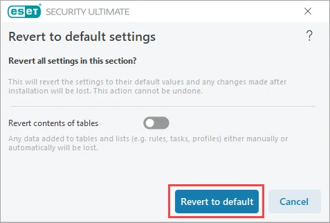 دکمه Revert to default و گزینه حذف Rule ها و Profile های سفارشی ESET
