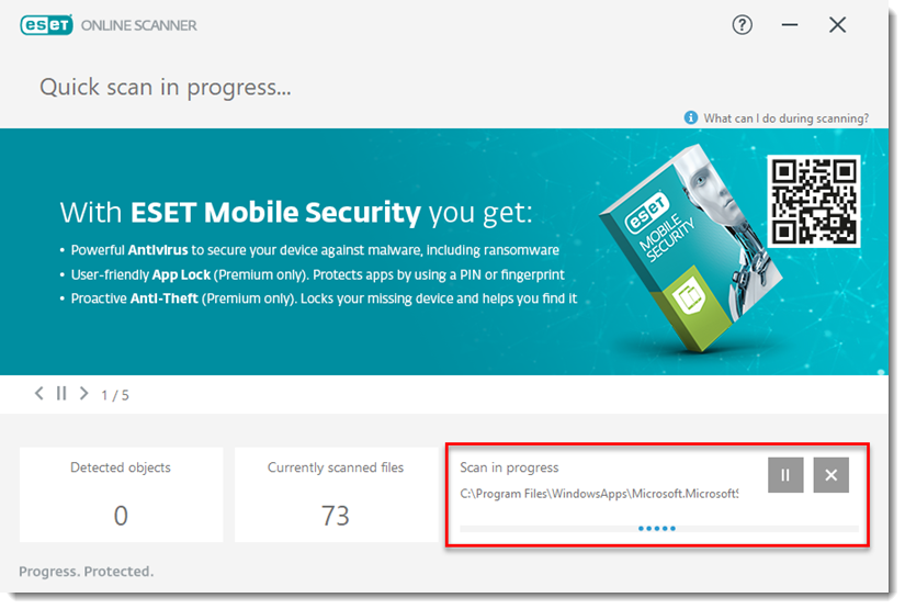 نمایش پیشرفت اسکن و فایل در حال بررسی در ESET Online Scanner
