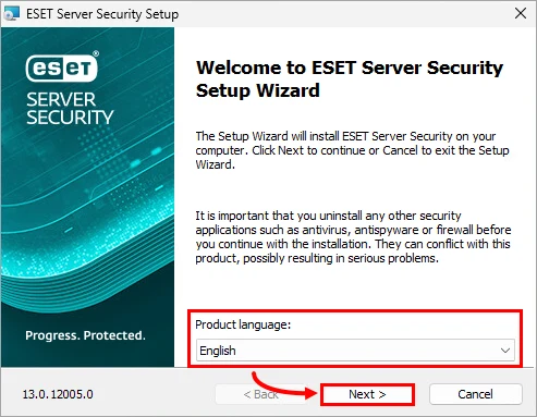 انتخاب زبان در نصب ESET Server Security روی Windows Server