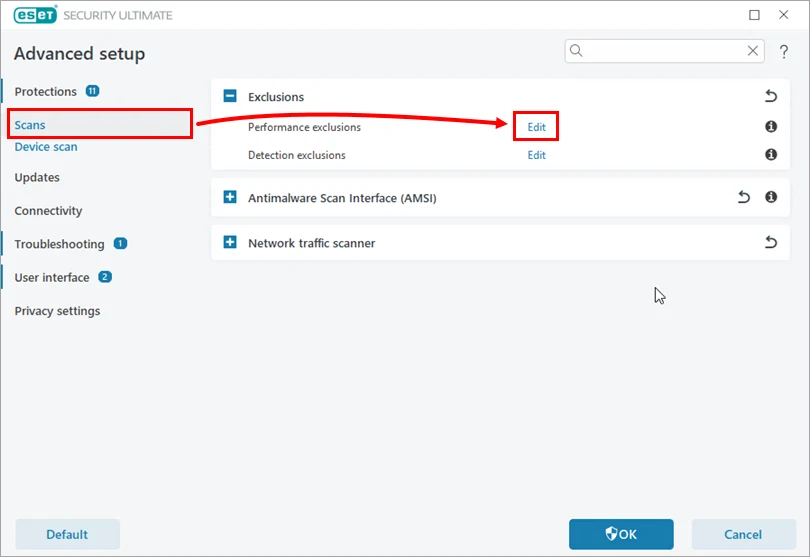 مسیر Scans و Performance Exclusions برای استثنا کردن فایل در نود 32