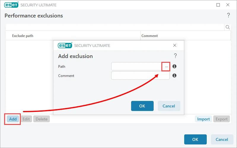 دکمه Add و انتخاب Path برای افزودن Performance Exclusion در ESET