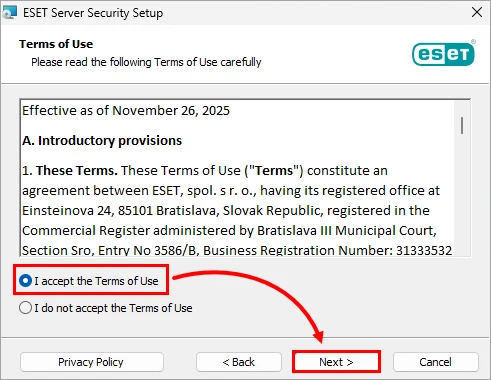 پذیرش Terms of Use هنگام نصب ESET Server Security