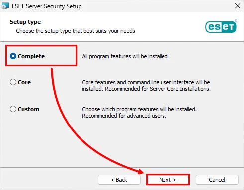 انتخاب Complete در نصب ESET Server Security ویندوز سرور