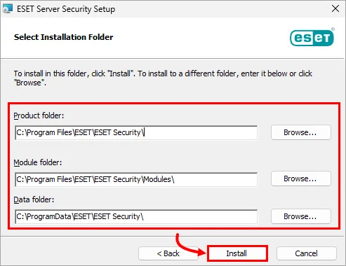 انتخاب مسیر نصب ESET Server Security و دکمه Install