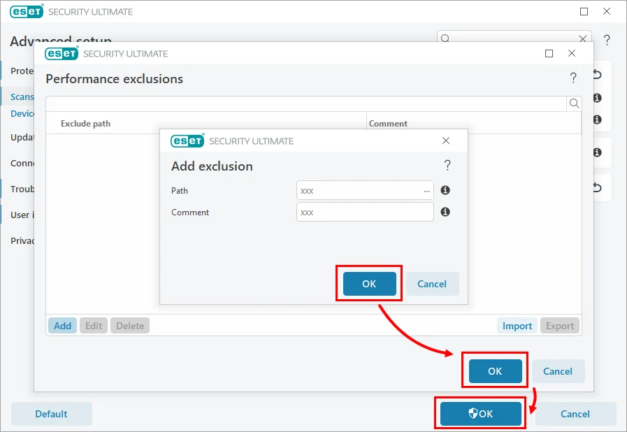 ذخیره Performance Exclusion در ESET با سه بار کلیک روی OK