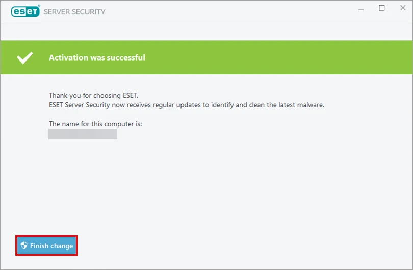 پیام فعال سازی موفق ESET Server Security و دکمه Finish