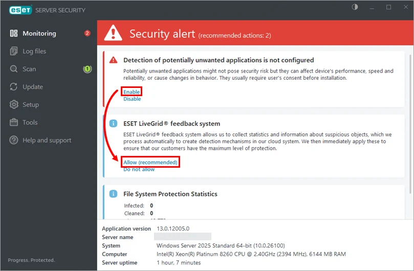 فعال کردن PUA و ESET LiveGrid بعد از نصب Server Security