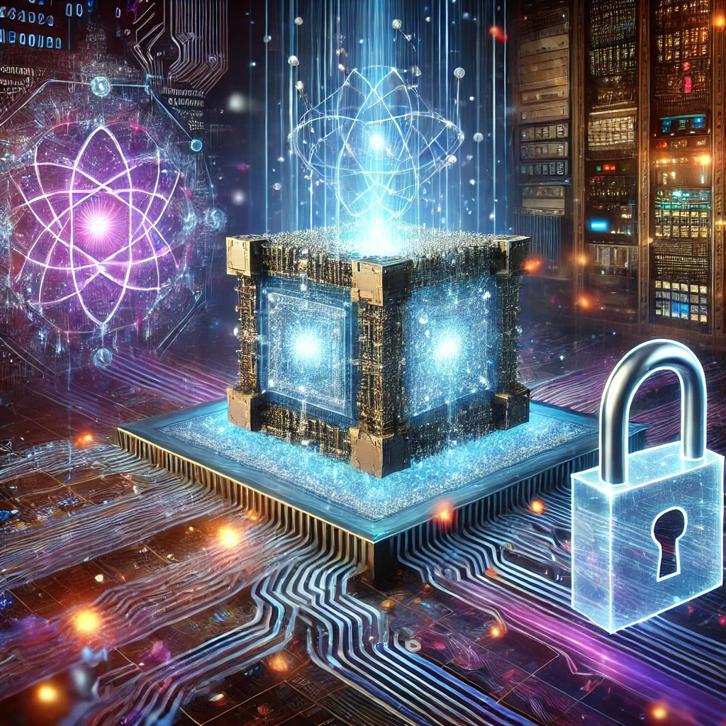 Dall·e 2024 10 06 14.00.04 A Futuristic Image Depicting The Intersection Of Cybersecurity And Quantum Computing. Show A Glowing Quantum Computer With Bits Of Data Swirling Aroun
